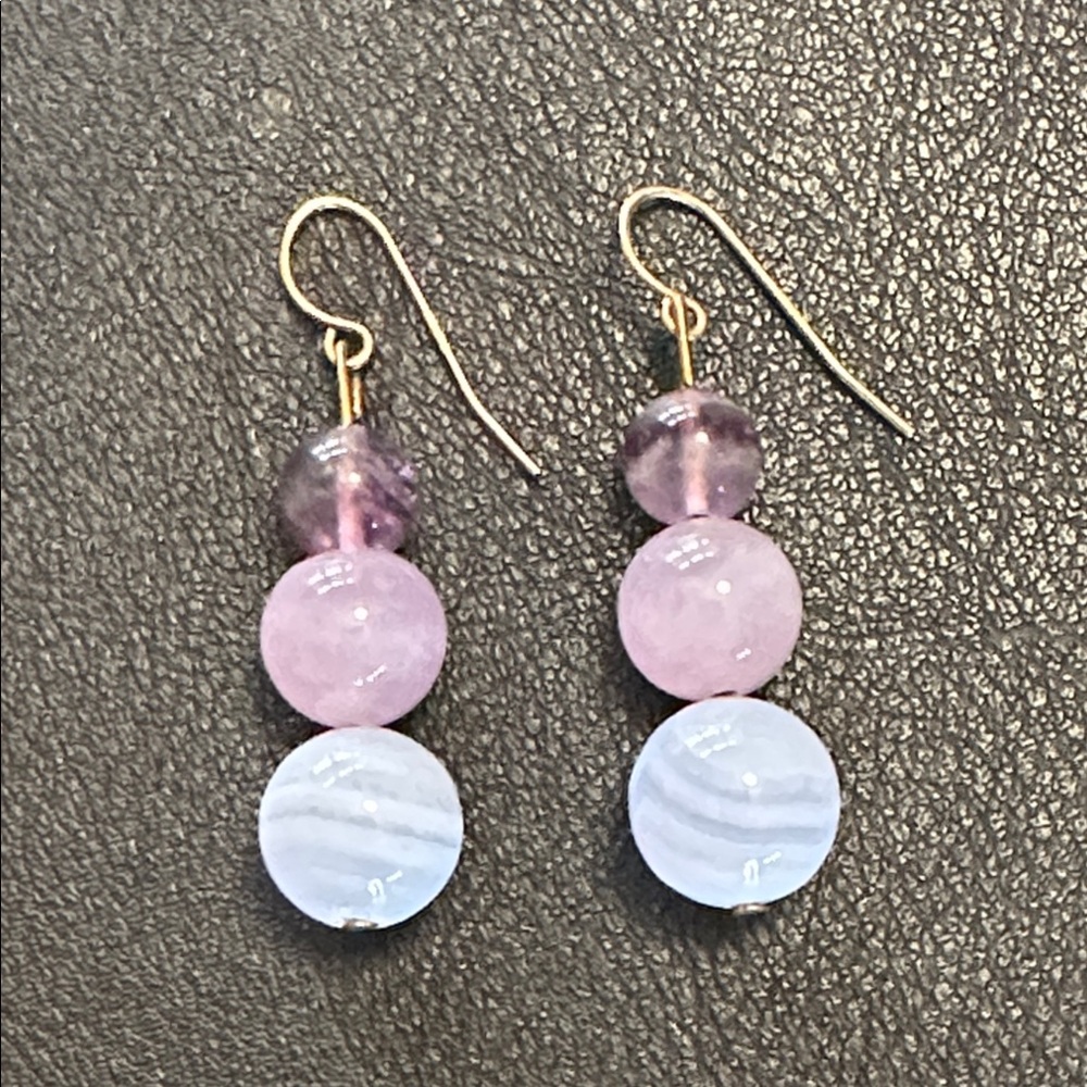 Lavender Jade, Rose Quartz & Blue Lace Agate 14K Wire Back Earrings
